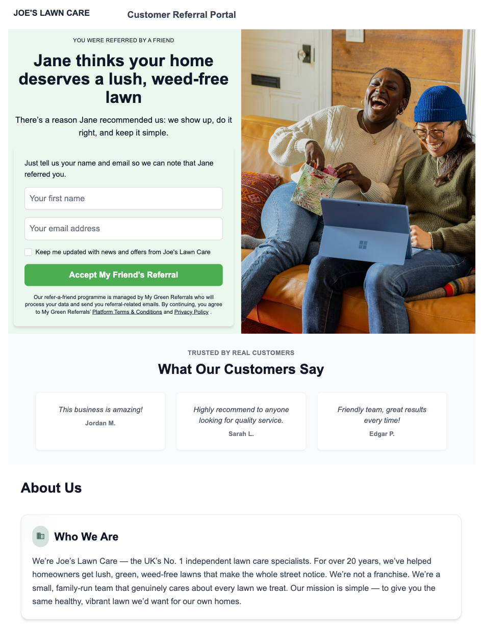 Referred-friend page with testimonials and clear next steps