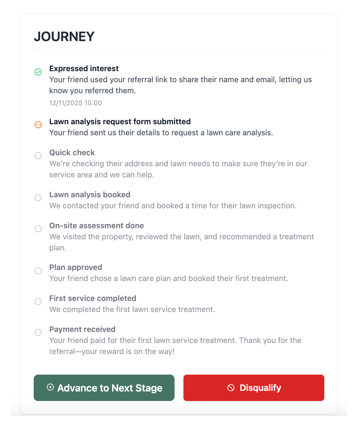 Configurable referral journey stages from click to completion