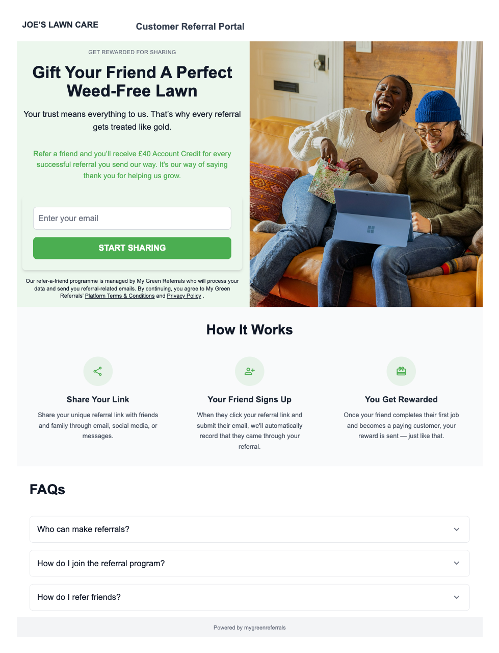 Customizable referral program landing page