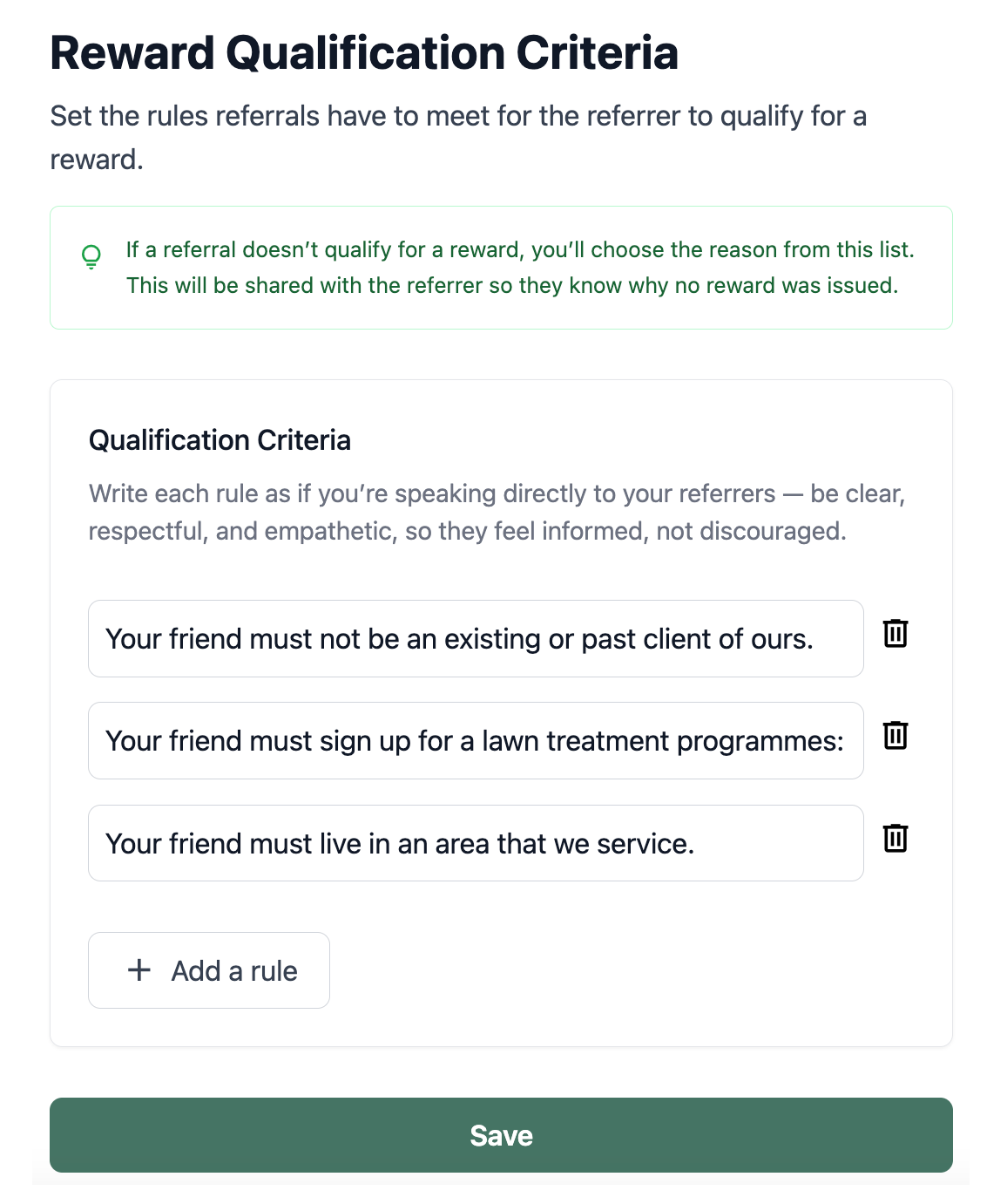 Configure custom referral program rules with clear terms