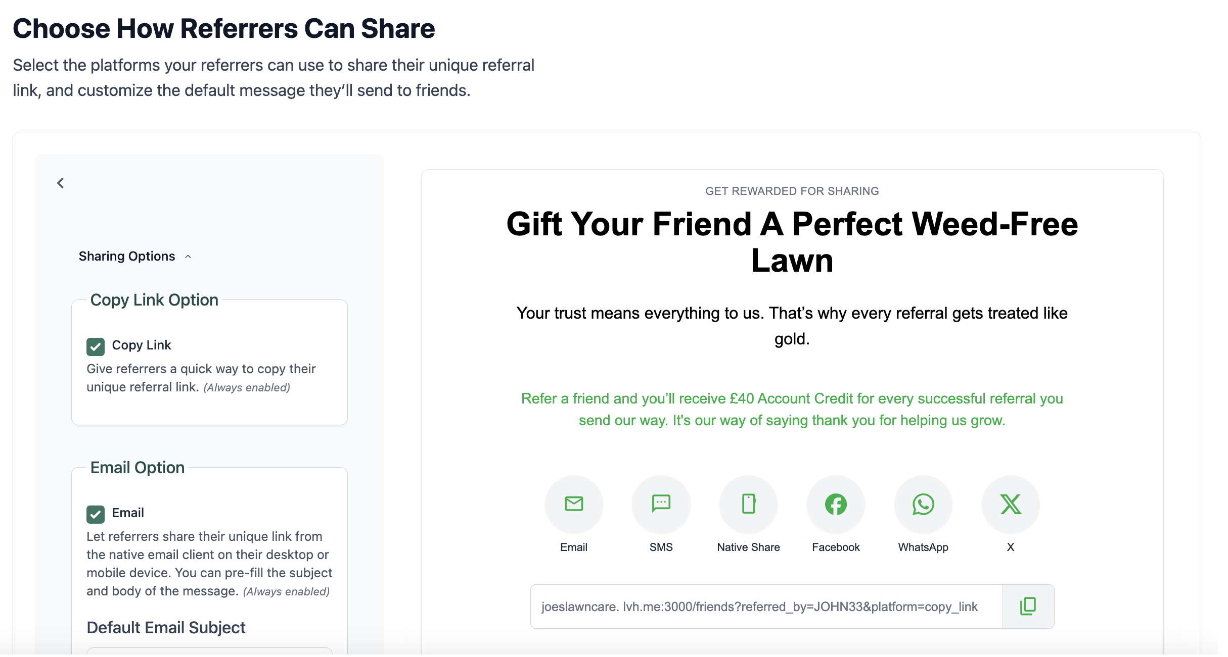 Share referral links via native share, social, text, or email