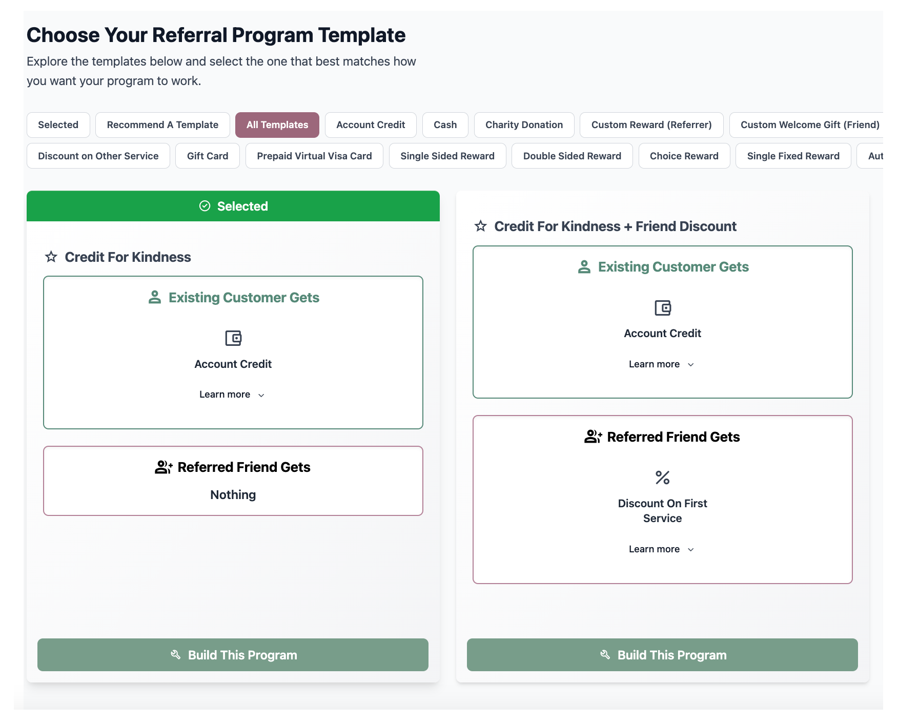 Preview of ready-made referral program templates